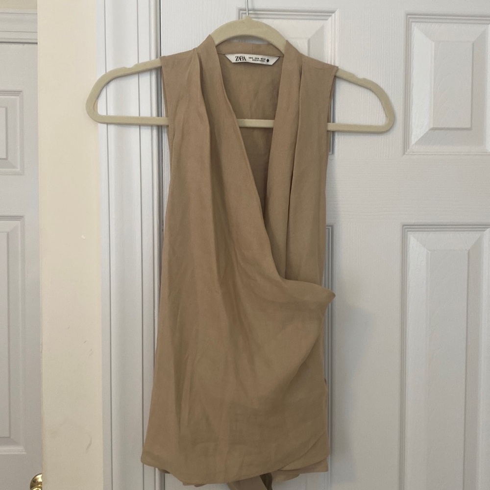 Zara tan sleeveless wrap blouse